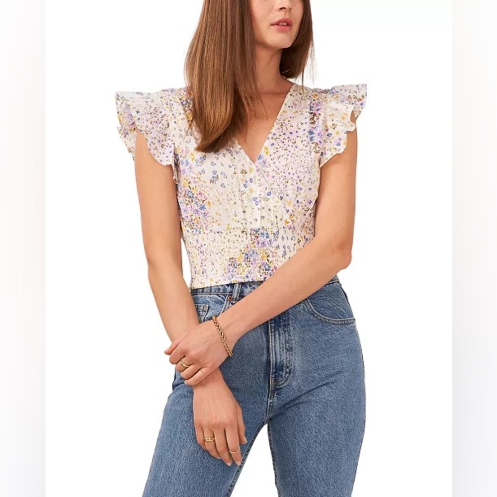 1.STATE Women's Flutter Sleeve Cross Front Top Smocked Waist Crop Blouse- Size M